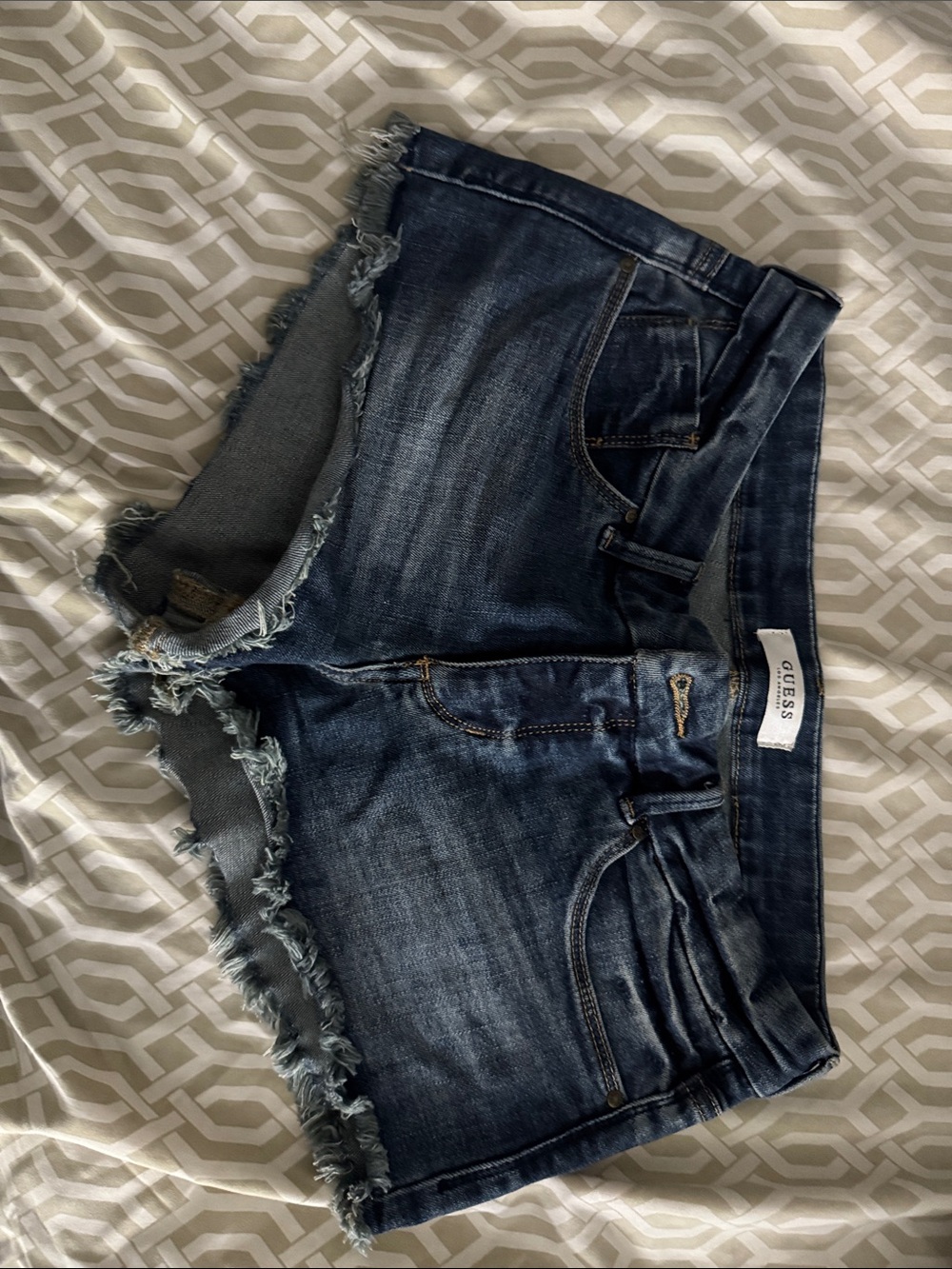 GUESS Women's Dark Blue Denim Frayed Hem Shorts